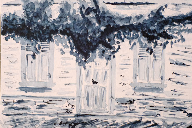 Aquarell Monochrome Hausfassade mit Weinreben von Bernd Schmidt