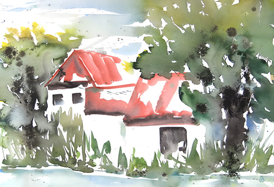 Aquarell Gehöft am See von Karin Mersemann
