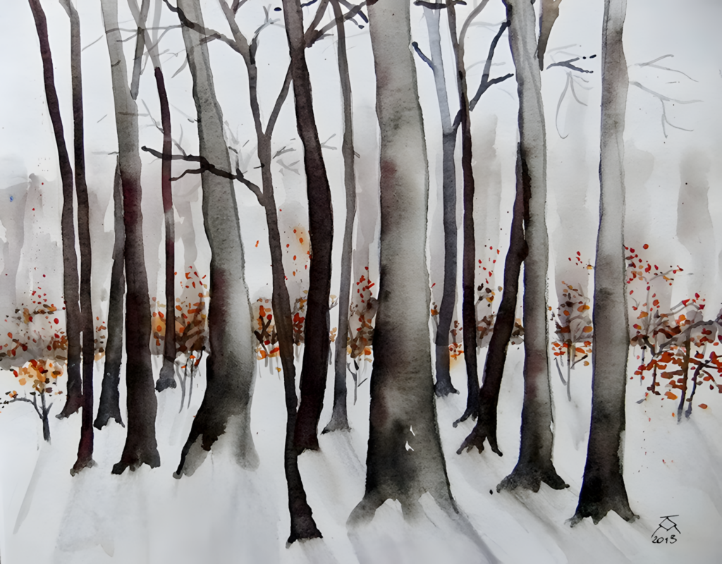 Aquarell Winter am Deich von Karin Mersmann