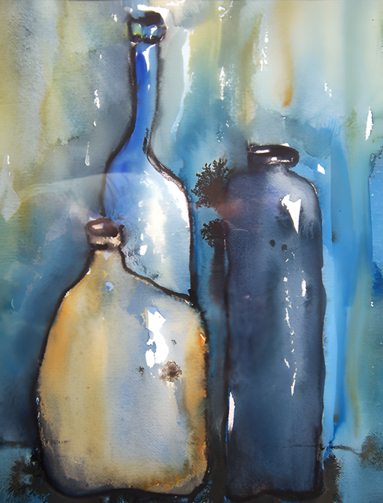 Aquarell Blaue Flaschen von Karin Mersmann
