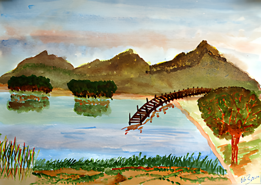 Aquarell Berglandschaft mit See von Udo Braun