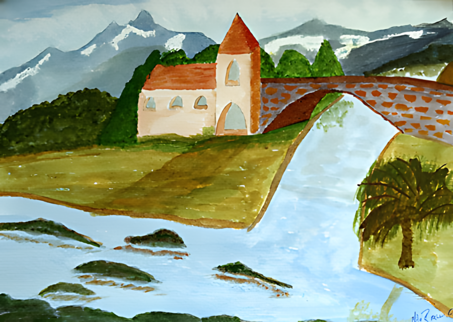 Aquarell Burg am Fluss mit Brücke von Udo Braun
