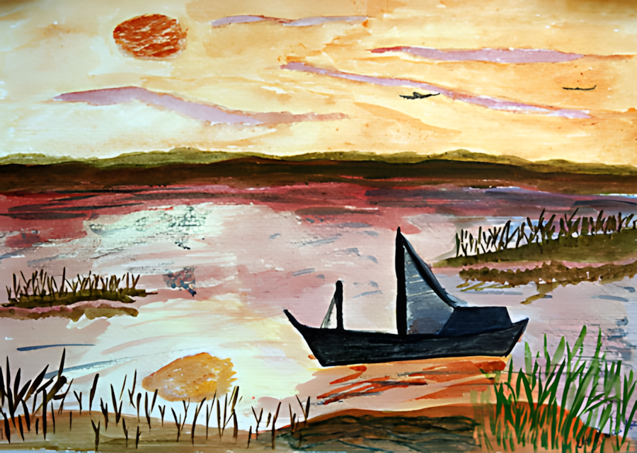 Aquarell Seenlandschaft mit Boot im Sonnenuntergang von Udo Braun