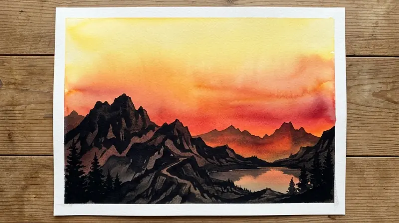 Aquarell einfache Landschaft im Sonnenuntergang