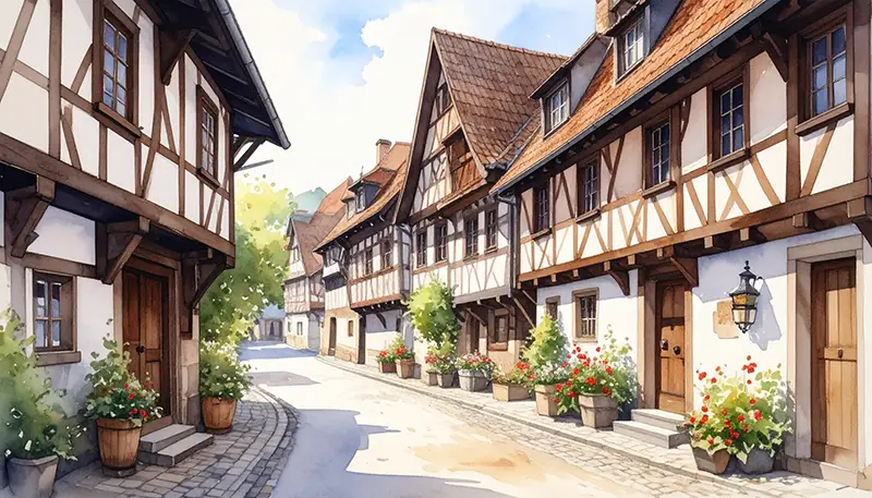 Aquarell alte Fachwerkstrasse