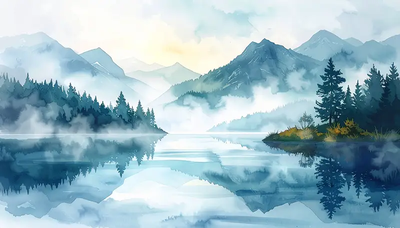 Aquarell Bergsee im Nebel