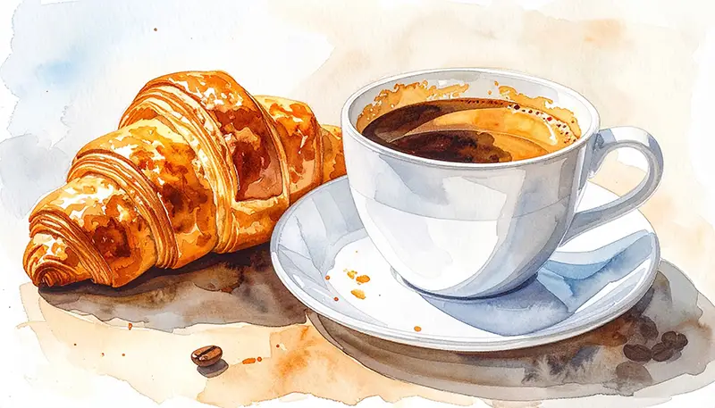 Aquarell Kaffeetasse mit Croissant