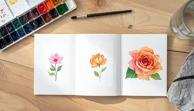 Aquarellblumen in einem Skizzenbuch