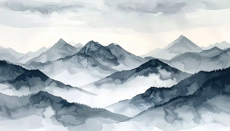 Aquarell Nebelberge