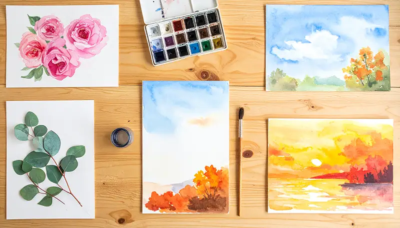 Aquarelle von Blumen und Landschaften