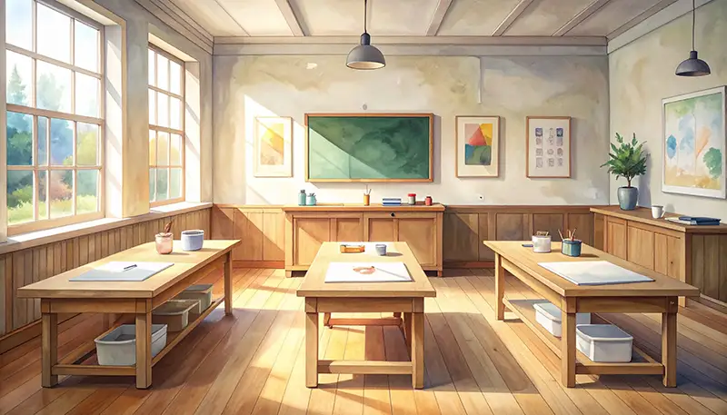 Helle Kunstklasse mit Holztischen.