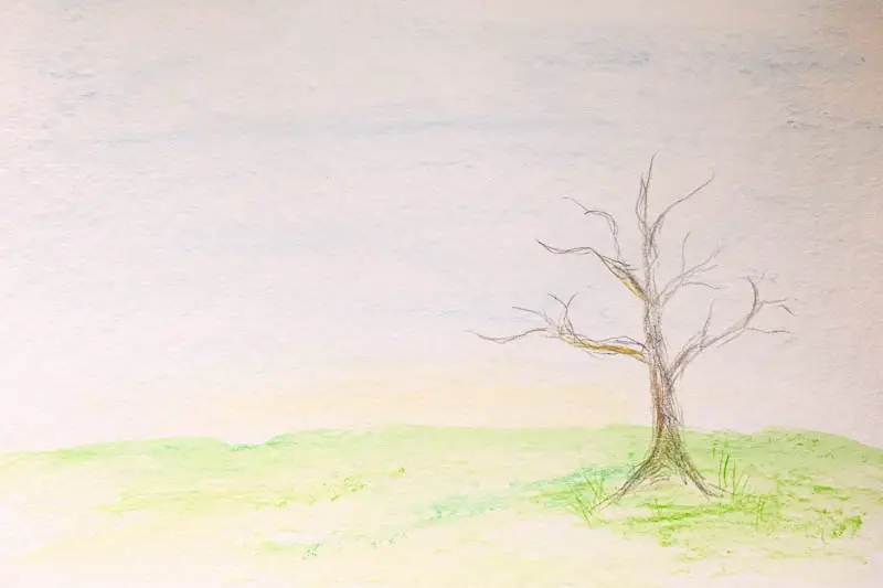Landschaftsbild mit Farbverlaufshimmel - mit Aquarellstiften gemalt