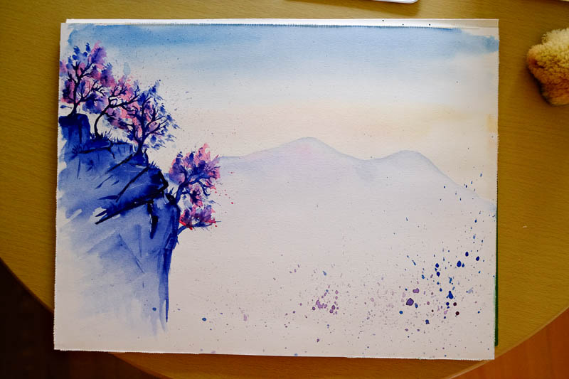 Aquarell Landschaft mit Felsmassiv und Bäumen